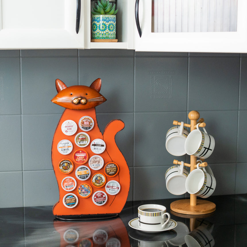 Front Facing "Orange Cat" - K-Cup Holder Countertop Stand, Metal and Wooden Sculpture - 16pcs