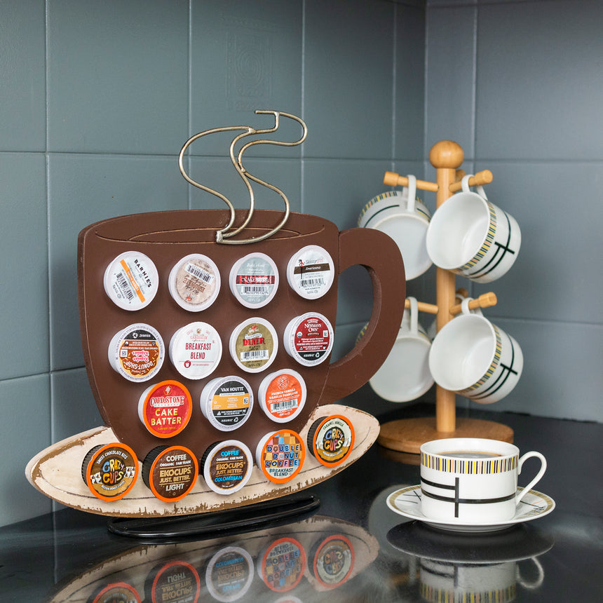 Front Facing "Brown Coffee Cup" - K-Cup Holder Countertop Stand, Metal and Wooden Sculpture - 16pcs