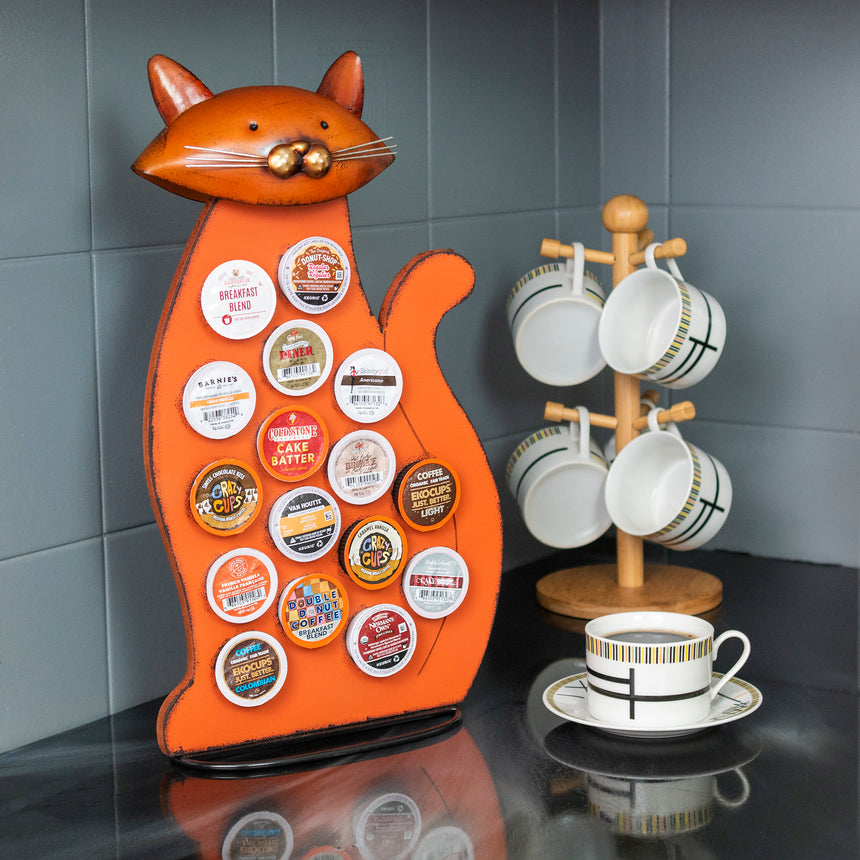 Front Facing "Orange Cat" - K-Cup Holder Countertop Stand, Metal and Wooden Sculpture - 16pcs