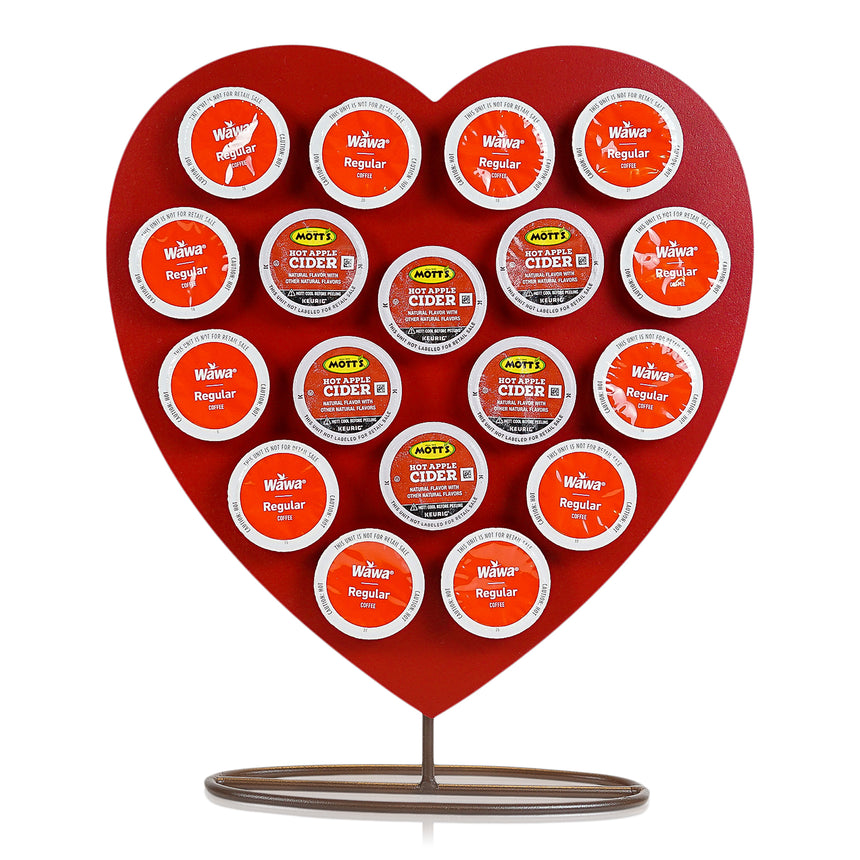 Front Facing "Red Heart" - K-Cup Holder Countertop Stand, Metal and Wooden Sculpture - 18pcs