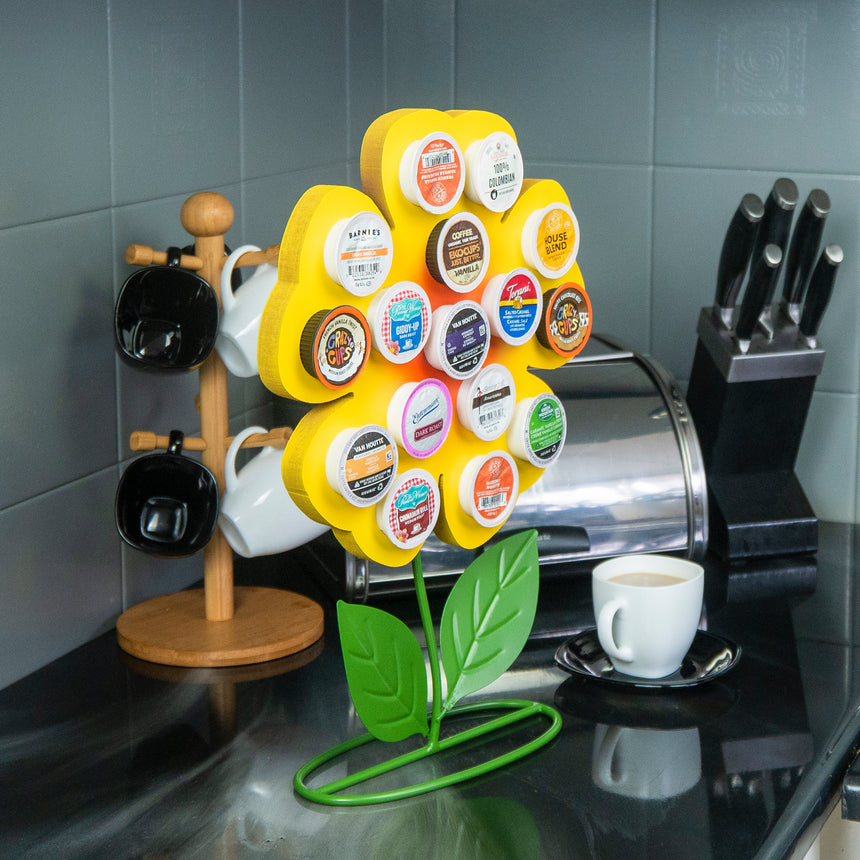 Front Facing "Yellow Sunflower" - K-Cup Holder Countertop Stand, Metal and Wooden Sculpture - 16pcs