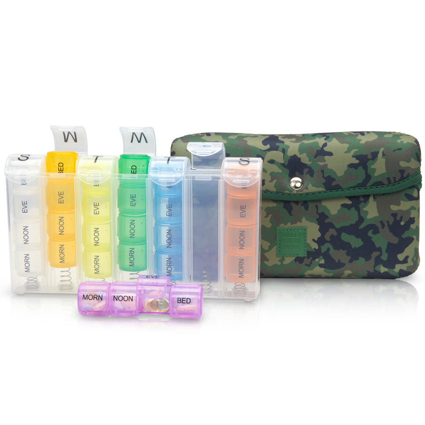 Large 7-Day / 28 Compartments Neoprene Pill Box with Designer Storage Case Daily and Weekly Vitamin, Medicine, Capsule Organization