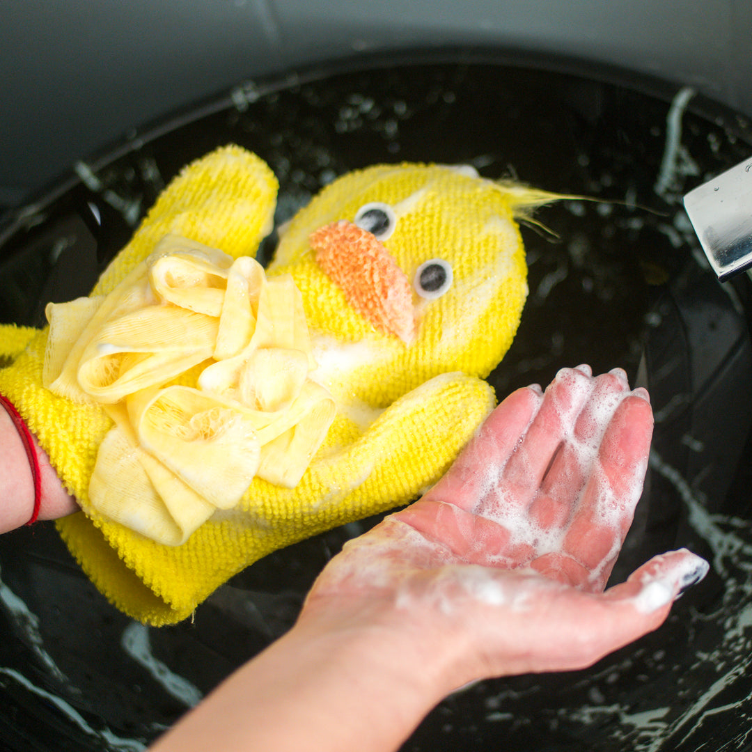 Hand Puppet Wash Mitt with Sponge and Scrunchie Puff Scrub Mesh