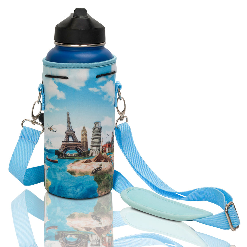 LARGE Water Bottle Carrier Neoprene Holder with Adjustable Padded