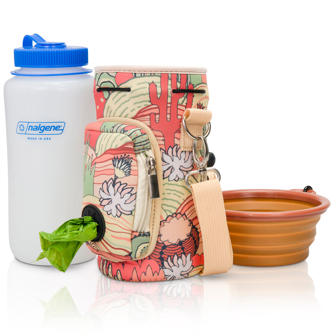 (V1 Model) Water Bottle Carrier with Pet Pocket (32oz Large) - Includes Nalgene Bottle and Portable Pet Bowl