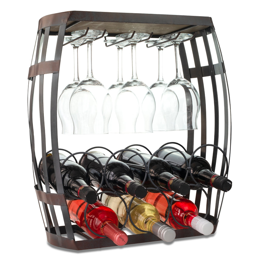 Made Easy Kit Wine Bottle and Glass Holder Rack, Metal and Wood Freest