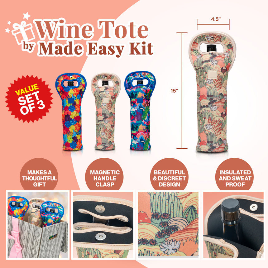 Made Easy Kit Insulated Wine Tote - Neoprene Wine Carrier Bag with Magnetic Handle Clasp - Wine Bottle Protective Travel Bag - Perfect for Gifting Travel or Gift Bag - Set of 3